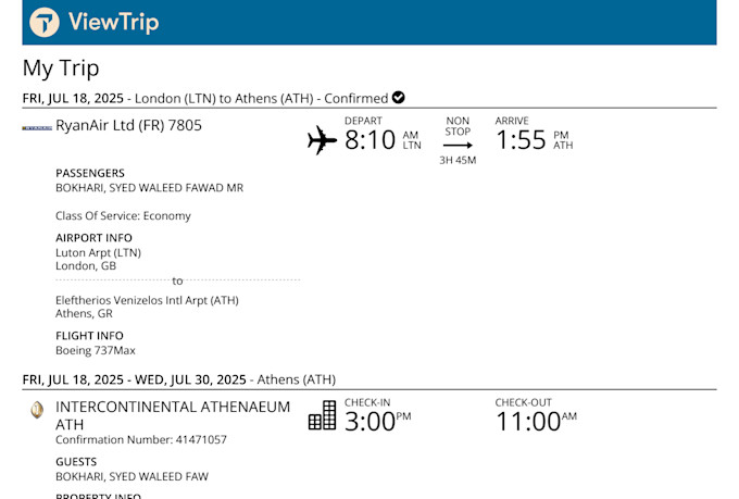 travel itinerary plane ticket and hotel booking for tour